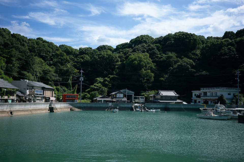大三島、緑に囲まれた港。