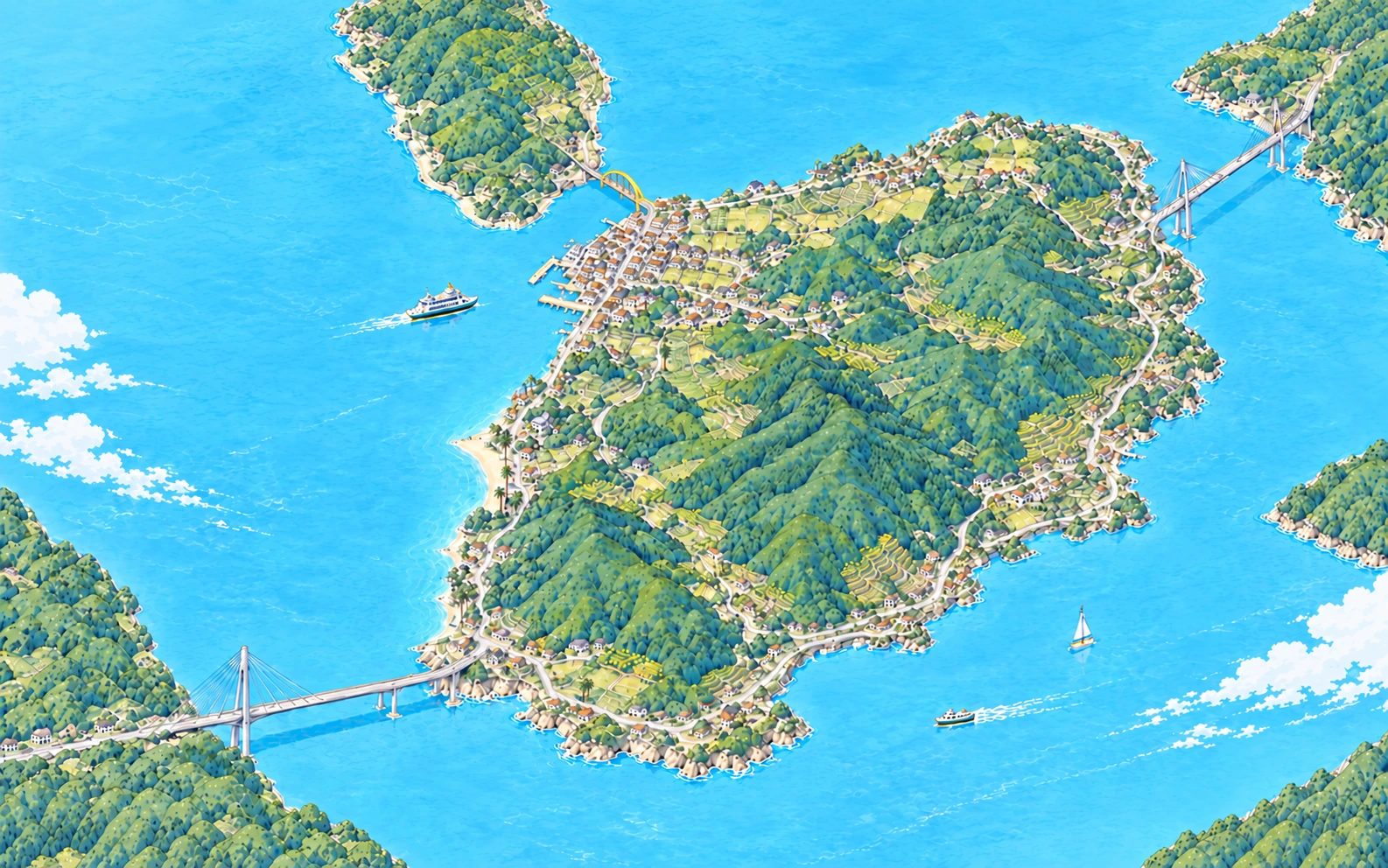 生口島、高根島、生口橋、多々羅大橋のイラスト地図