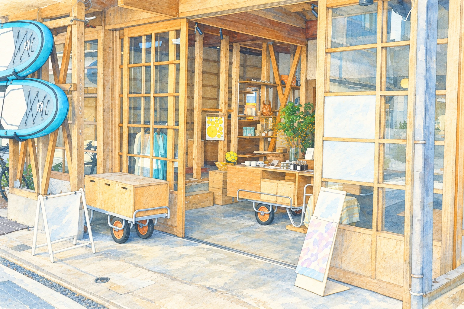 SOIL Setoda Shophouse 1の受付入口を、提供写真を参考に描いたイラスト