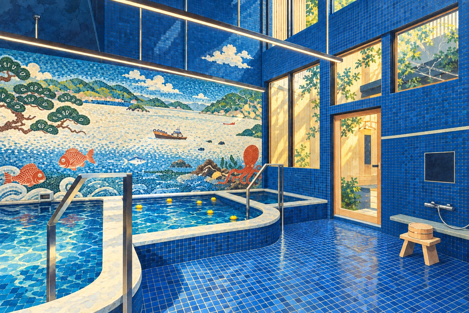 yubuneの浴場写真をもとに描いた、青いタイルと壁画、浴槽のイラスト